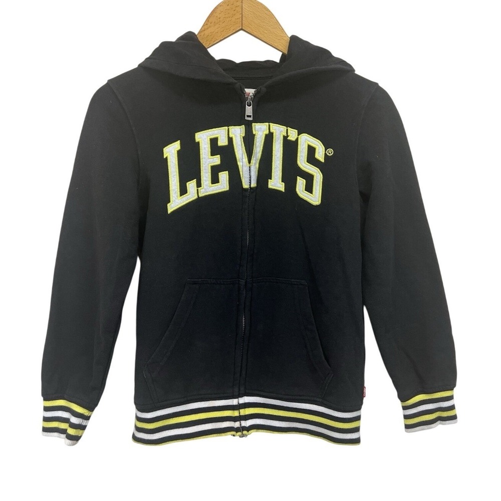 Levi's Full Zip Hoodie Kids Size M 10-12 Black Yellow Chenille Logo Striped Trim
